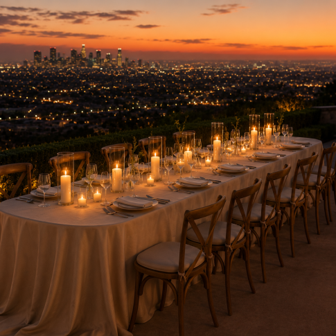 Long candlelit serpentine dining table with ivory linen and wood chairs overlooking the Los Angeles skyline at sunset.