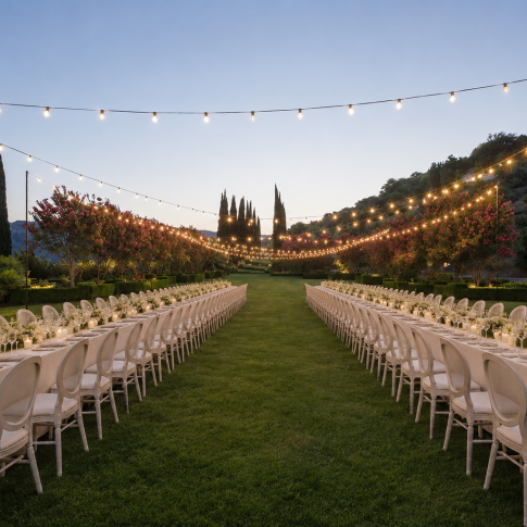 Elegant outdoor dinner reception featuring long banquet tables, candlelight, floral centerpieces, and glowing bistro lights at a private estate