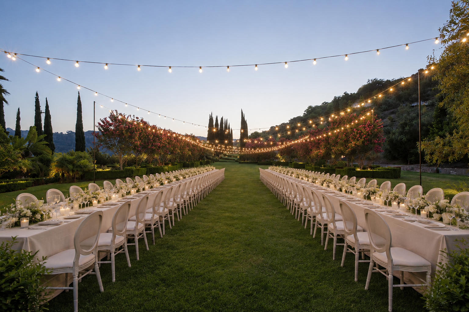 Elegant outdoor dinner reception featuring long banquet tables, candlelight, floral centerpieces, and glowing bistro lights at a private estate