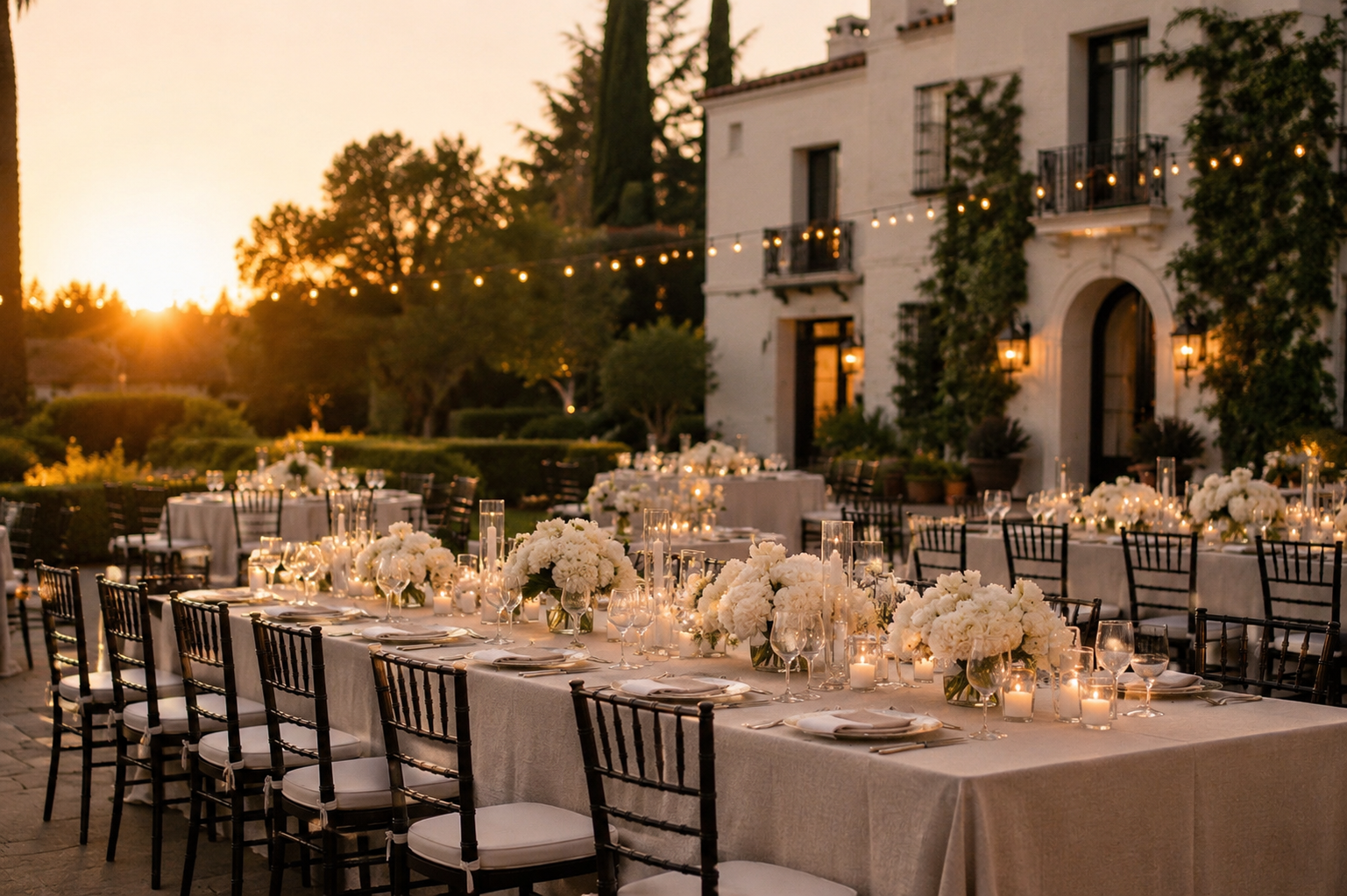 Elegant outdoor reception at a luxury private estate featuring candlelit tables, white floral arrangements, and sunset views.