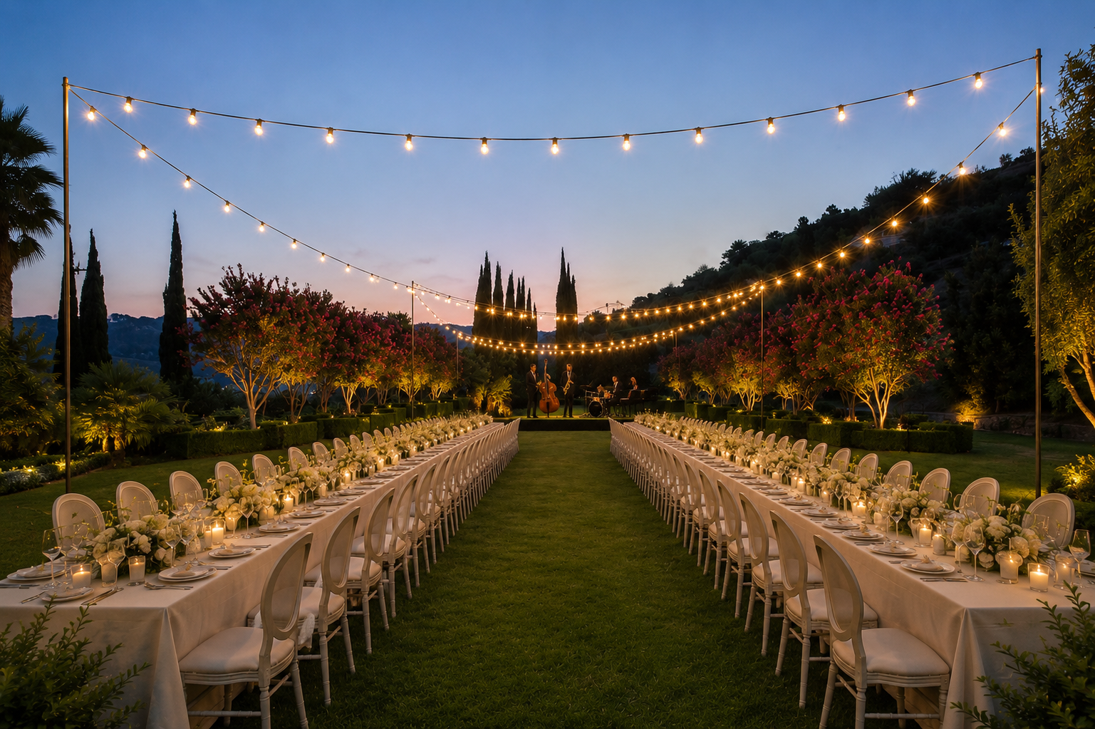 Elegant evening reception at a luxury Los Angeles private estate featuring a live band, candlelit dining tables, lush cream floral arrangements
