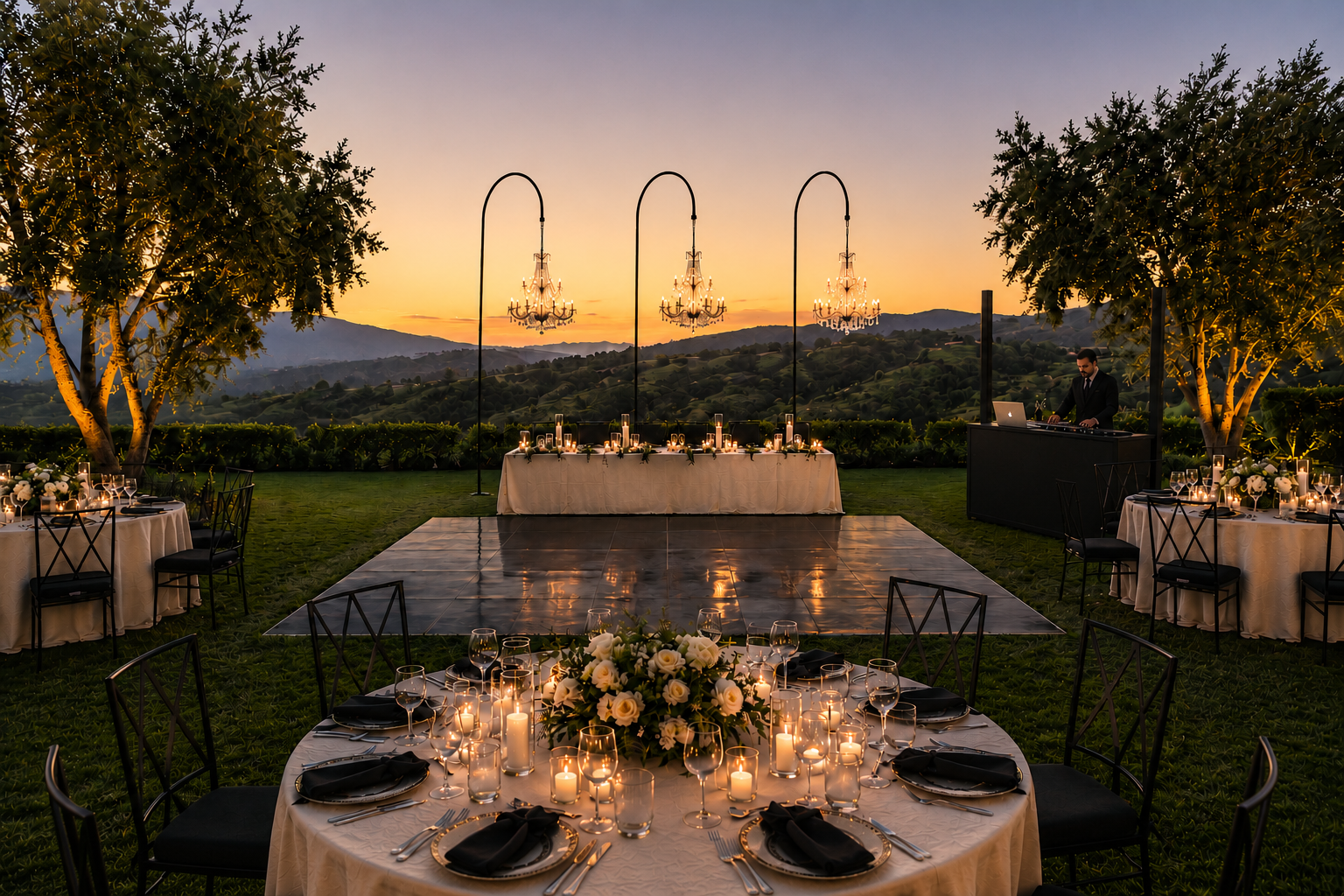 Luxury corporate event venue in Los Angeles featuring a private estate reception with a DJ, elegant dance floor, candlelit dining tables, crystal chandeliers, and panoramic sunset views.