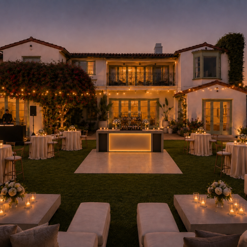 Elegant outdoor private estate reception at dusk with a small dance floor, illuminated bar, cocktail tables, lounge seating, candles, and string lights.