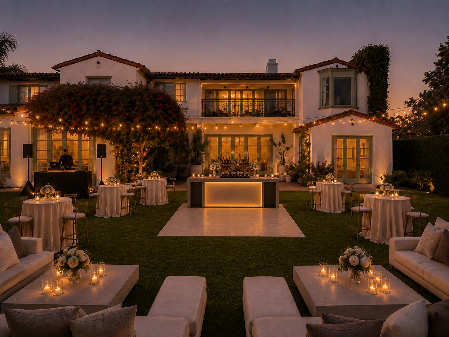 Elegant outdoor private estate reception at dusk with a small dance floor, illuminated bar, cocktail tables, lounge seating, candles, and string lights.