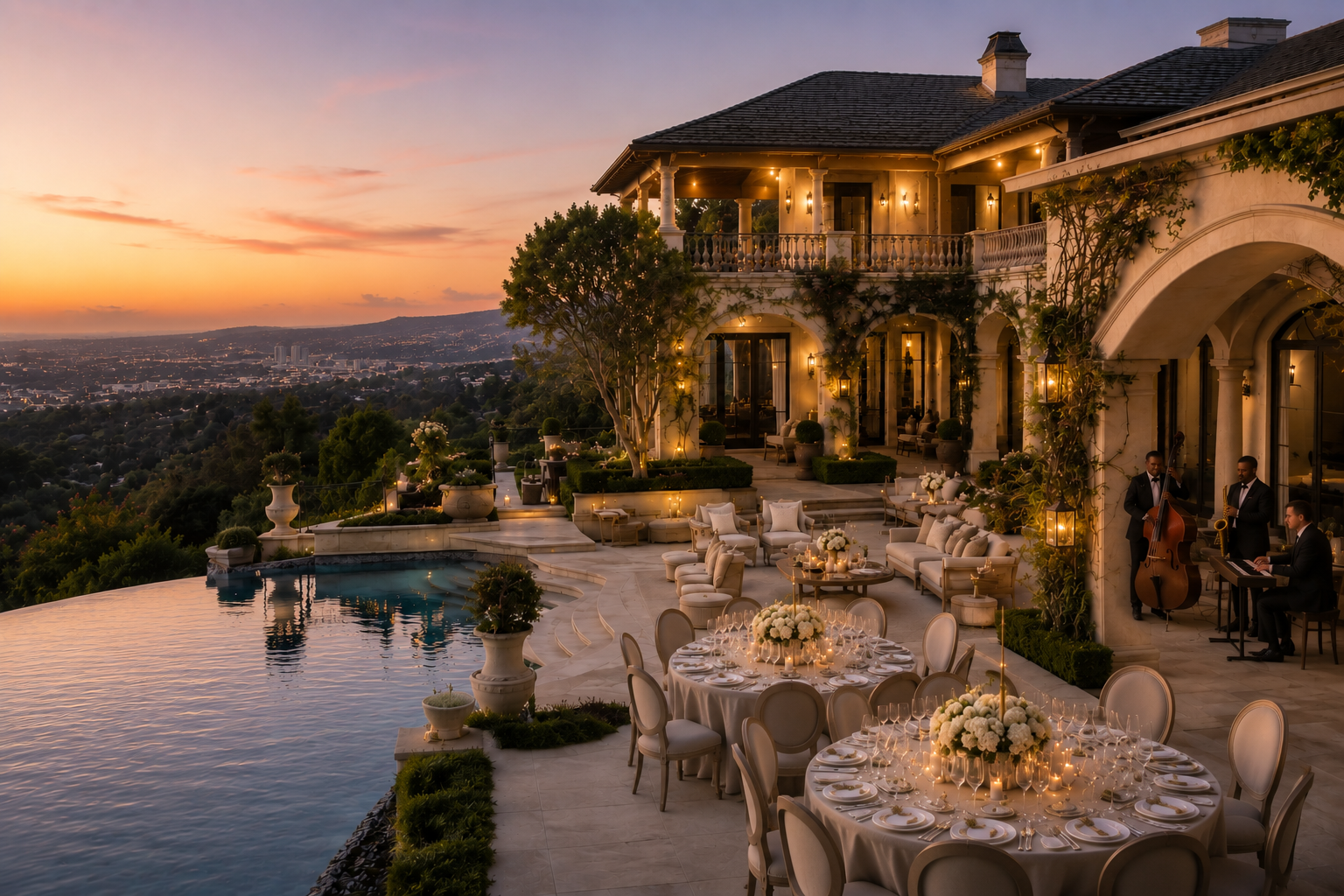 Musicians, elegant table decor by the pool