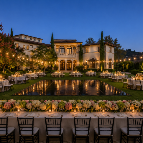 Elegant evening reception at a Mediterranean-style private estate featuring candlelit dining tables, a grand lawn, black dance floor, floral centerpieces, and illuminated gardens.