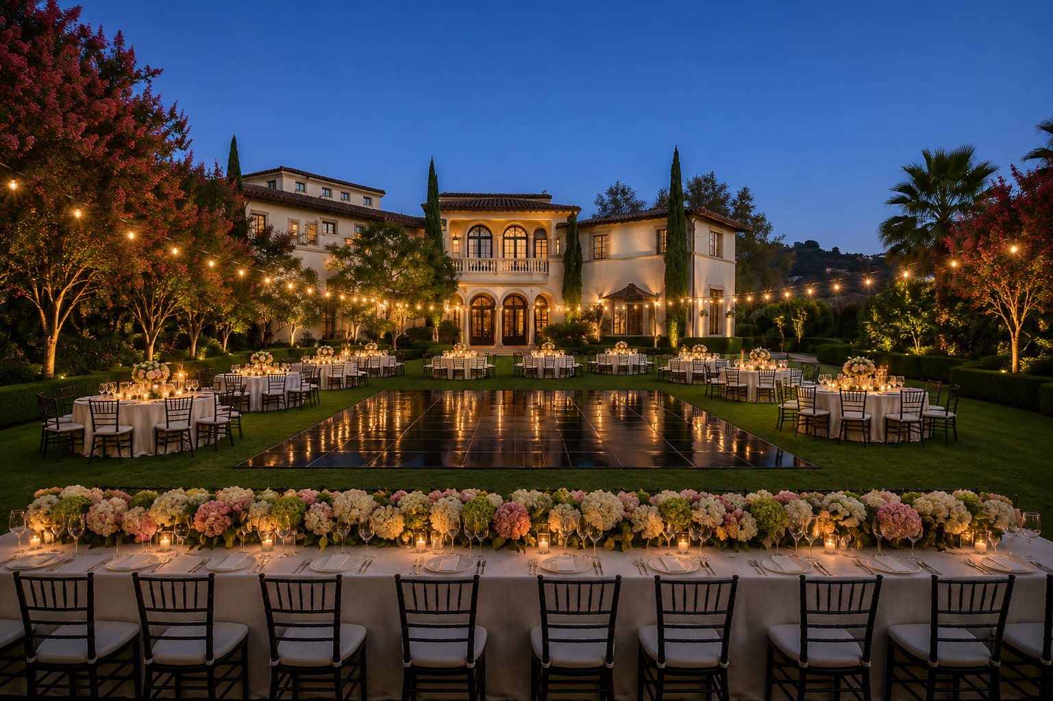 Elegant evening reception at a Mediterranean-style private estate featuring candlelit dining tables, a grand lawn, black dance floor, floral centerpieces, and illuminated gardens.