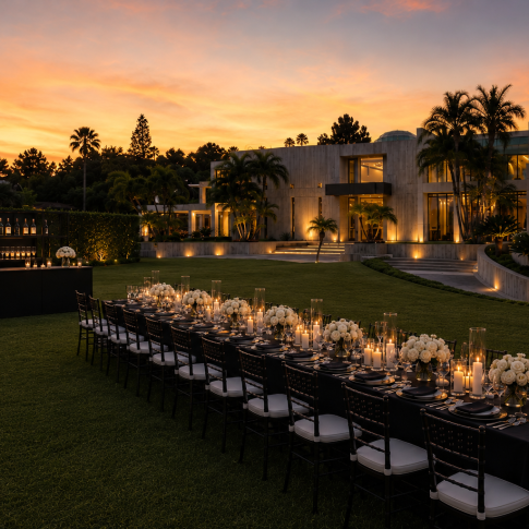 Modern architectural estate featuring an elegant outdoor dinner, candlelit black tablescape, and contemporary bar at sunset.
