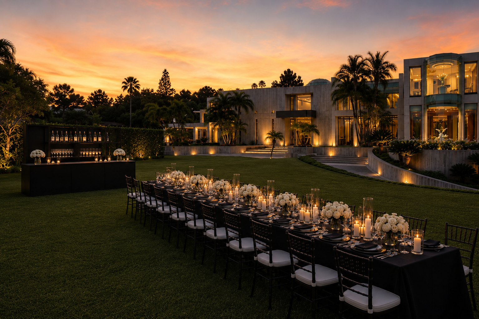 Modern architectural estate featuring an elegant outdoor dinner, candlelit black tablescape, and contemporary bar at sunset.