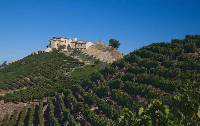 Luxury Malibu vineyard estate surrounded by rolling vineyards and panoramic mountain views.