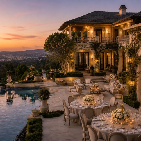 Luxury corporate event venue in Los Angeles featuring an elegant private estate with panoramic views, resort-style pool, sophisticated outdoor entertaining spaces, and sunset dining.