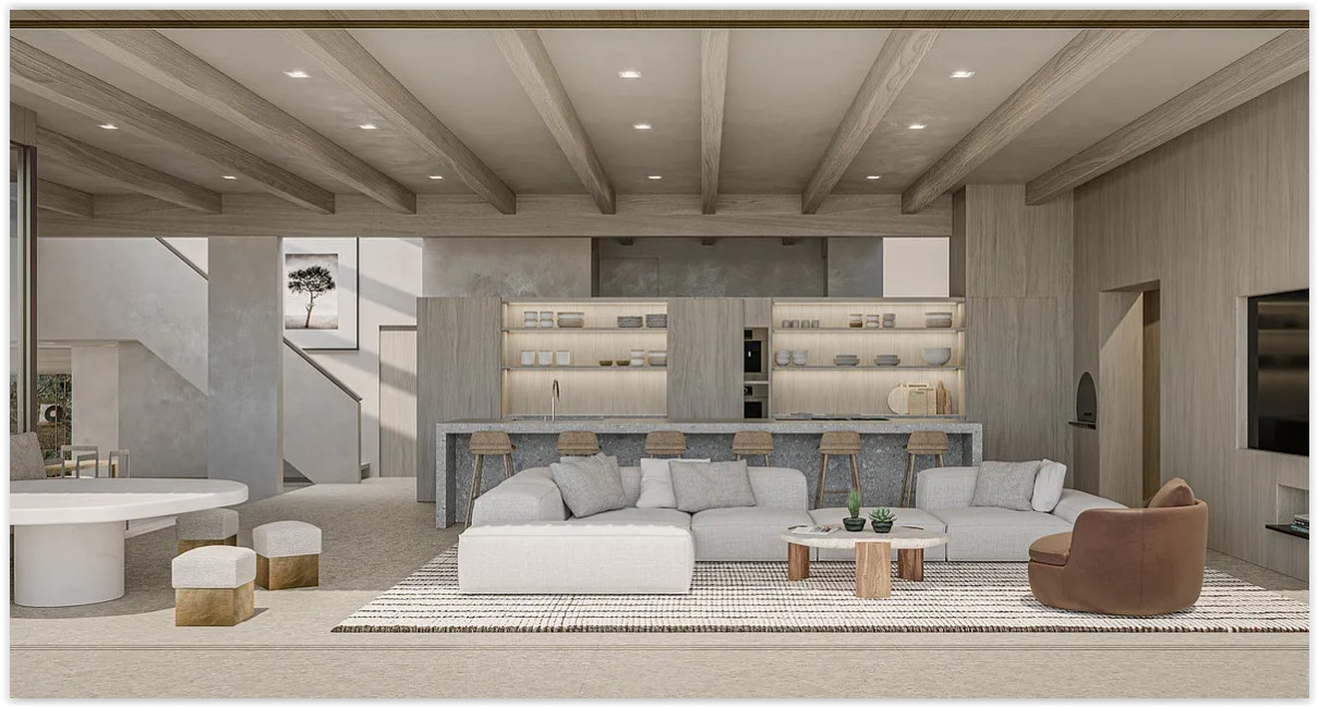 Open-concept living room with floor-to-ceiling windows overlooking the Malibu landscape.