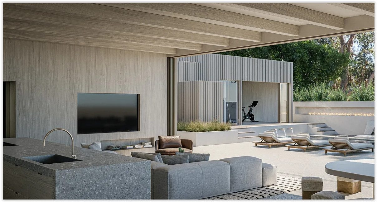 Open-concept living area with outdoor lounge, poolside seating, and contemporary architecture at a modern Malibu estate.