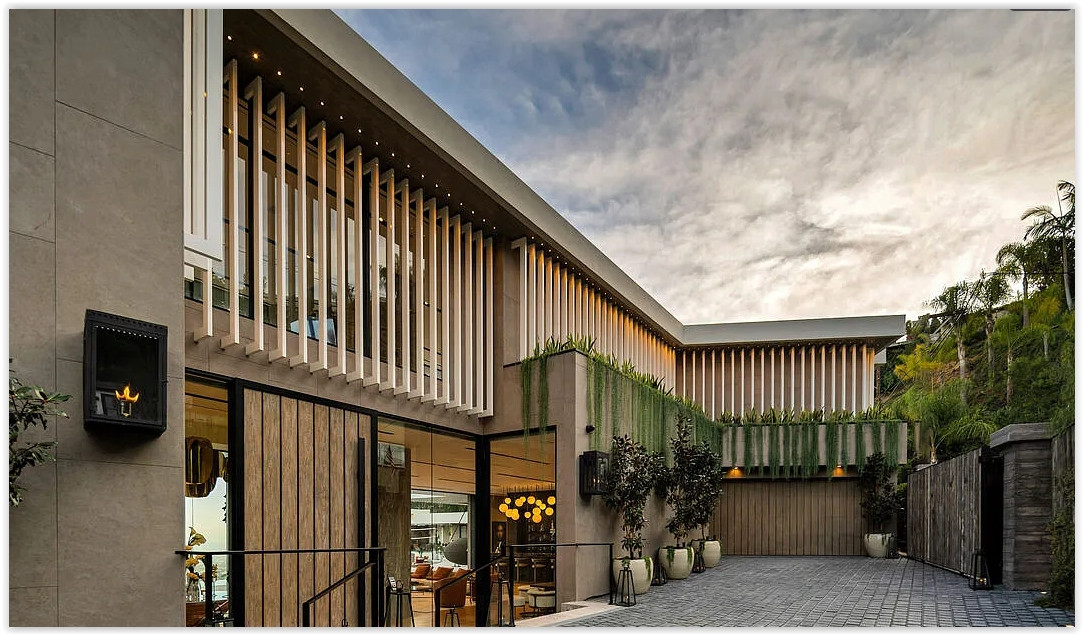 Modern architectural facade with dramatic evening lighting