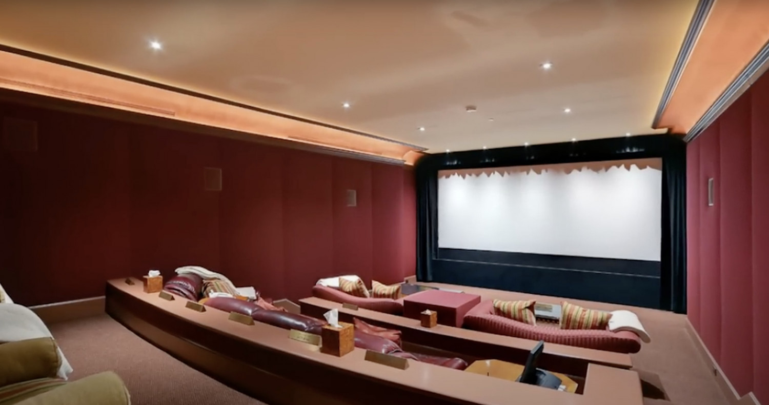 Private home theater inside a luxury estate rental in Los Angeles.